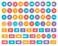 Arrows color vector icon set. Arrow in circle and rectangle isolated symbols pack. Next, forward, previous buttons