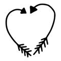 2 arrows curved in the shape of a heart hand drawing contour line.Symbol of lovers for Valentine`s day.Black and white image.