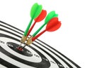 Arrows hitting target on dart board  white background Royalty Free Stock Photo