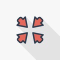 Arrows in the center thin line flat color icon. Linear vector symbol. Colorful long shadow design.