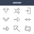 9 arrows icons pack. trendy arrows icons on white background. thin outline line icons such as reload, minimize, random . arrows