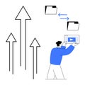 Digital File Transfer and Growth Concept with Arrows and Man Holding Video Screen Royalty Free Stock Photo
