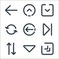 arrows line icons. linear set. quality vector line set such as diagonal arrow, down arrow, sort, skip, left arrow, rotate, down up