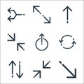 Arrows line icons. linear set. quality vector line set such as diagonal arrow, shrink, up down, synchronization, uploading, resize