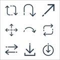 Arrows line icons. linear set. quality vector line set such as downloading, direct download, transfer, refresh arrow, next, resize