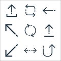 arrows line icons. linear set. quality vector line set such as returning, left right, diagonal arrow, upload, synchronizing, Royalty Free Stock Photo