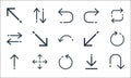 Arrows line icons. linear set. quality vector line set such as returning, rotating arrow, up arrow, download, resize, transfer,