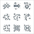 Arrows line icons. linear set. quality vector line set such as , three arrows, arrow down, down left arrow, turn left, down arrow