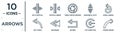 arrows linear icon set. includes thin line split vertical, three curved arrows, spiral arrow, backward, left direction, curved