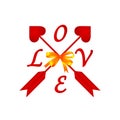 Arrows of love with hearts tied with a bow on a white background. Symbol of love