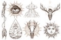 Arrows, magic eye, horns, UFO. A set of elements in the style of Boho. Contour illustrations for the creation of tattoos, coloring