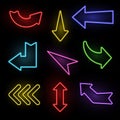 Arrows neon. Electric light direction arrow shapes. Casino, motel and cinema glowing street signs retro 1950s style