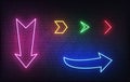 Arrows neon icons set. Glowing colorful signboard arrows