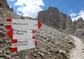 arrows of the paths with the Italian names of the mountain in the Alps in North Italy