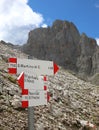 arrows of the paths with the Italian names of the mountain places in the Alps in North Italy