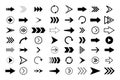 Arrows set. Black direction symbols. Graphic icons of up, down, right, next, cursor, back, circle, refresh, rewind, repeat, Royalty Free Stock Photo