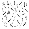 Arrows set. Hand drawn doodle elements. Direction indicators, pointers, simple icons elements. Freehand sketch style. Isolated.