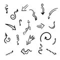 Arrows set. Hand drawn doodle elements. Direction indicators, pointers, simple icons elements. Freehand sketch style. Isolated.