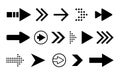 Arrows set icons. Black arrow on white backdrop. Simple pointer right direction. Motion icon for app, website or Royalty Free Stock Photo