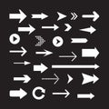 Arrows set isolated on a black background. Arrow icons of various shapes Royalty Free Stock Photo