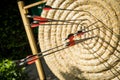 Arrows in straw target disc during leisure time hobby archery at outdoor shooting range Royalty Free Stock Photo