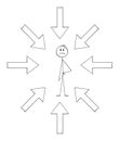 Arrows Targeting or Pointing at Unhappy Person, Vector Cartoon Stick Figure Illustration