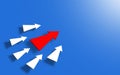 Arrows Team flying With leader on royal blue background, Organized Group Unity of 3D arrow Fly on blue Sky background. teamwork,