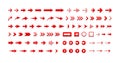 Arrows vector icons set, right pointers pack. Next, forward, previous buttons red signs bundle. Cursors pictograms