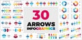 30 Arrows Vector Infographics. Vol 1. Presentation slide templates. Circle chart diagrams. 3, 4, 5, 6, 7, 8 steps