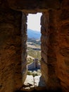 Arrowslit window in the Castle of Loarre. Spain. Royalty Free Stock Photo