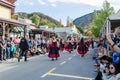 There is parade event during the Arrowtown Autumn Festival on Buckingham Street, people can seen watching and enjoying the parade Royalty Free Stock Photo