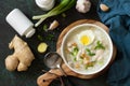 Arroz Caldo Soup. Hot soup with ginger chicken rice and garlic.