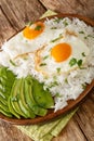 Arroz con huevo or rice with fried egg is the ultimate Latin lazy lunch close up in the plate. Vertical