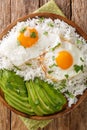 Arroz con huevo or rice with fried egg is the ultimate Latin lazy lunch close up in the plate. Vertical top view