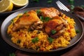 Arroz Con Pollo On White Plate, Top View. Generative AI