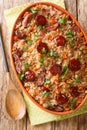 Arroz de pato or duck rice is a traditional Portuguese food close up in the baking dish. Vertical top view Royalty Free Stock Photo