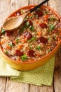 Arroz de pato or duck rice is a traditional Portuguese food close up in the baking dish. Vertical Royalty Free Stock Photo