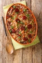 Arroz de Pato Portuguese Style Duck Rice with onion, carrot and chorizo close up in the baking dish. Vertical top view Royalty Free Stock Photo