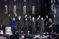 Arsen Mirzoyan and his rock band bowing after concert at Roshen fountain opening, Vinnytsia, Ukraine, 29.04.2017, editorial photo