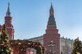 Arsenal angular tower of Moscow Kremlin and christmas decorations. Winter holidays in Russia Royalty Free Stock Photo