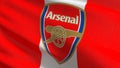 Arsenal flag blowing in the wind. Emblem of Football Club FC Premier League. Champion winner in soccer. 3d illustration. Sport