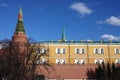 Arsenalnaya and Nikolskaya towers and the Arsenal building behind the Kremlin wall on sunny spring day Royalty Free Stock Photo