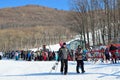 Arsenyev, Russia, January, 28, 2017. People standing in line for the rope tow on ski slope in Arsenyev