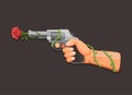 Gun flower, hand holding revolver with rose symbol concept in cartoon  illustration vector on dark background Royalty Free Stock Photo