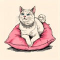 Regal White Cat with Blue Eyes on a Pink Pillow, Digital Illustration Royalty Free Stock Photo