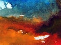 Watercolor art abstract background sky cloud landscape autumn blot overflow texture wet wash blurred fantasy Royalty Free Stock Photo