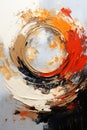 Art, abstract oil painting: gold, red, white and black swirl of mixed paint on canvas. Poster.