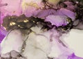 Art Abstract watercolor painting blots background. Alcohol ink violet, black and gold colors. Marble texture Royalty Free Stock Photo