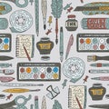 Art accessories vector seamless pattern. Doodle color drawing supplies for school and art.