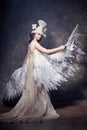 Art angel girl with wings fairy image. Swan Princess, Queen of angels. Lovely dress with wings. Studio beauty portrait. Royalty Free Stock Photo